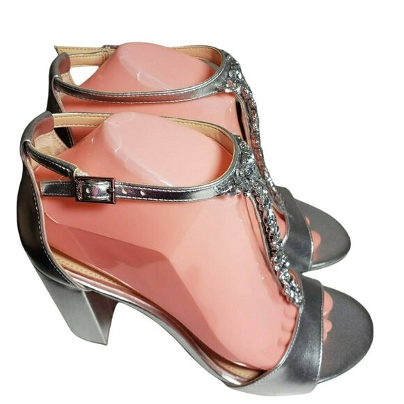 Jewel Badgley Mischka Silver Embellished T Strap Open Toe Evening Sandals Size 8 - Picture 3 of 12